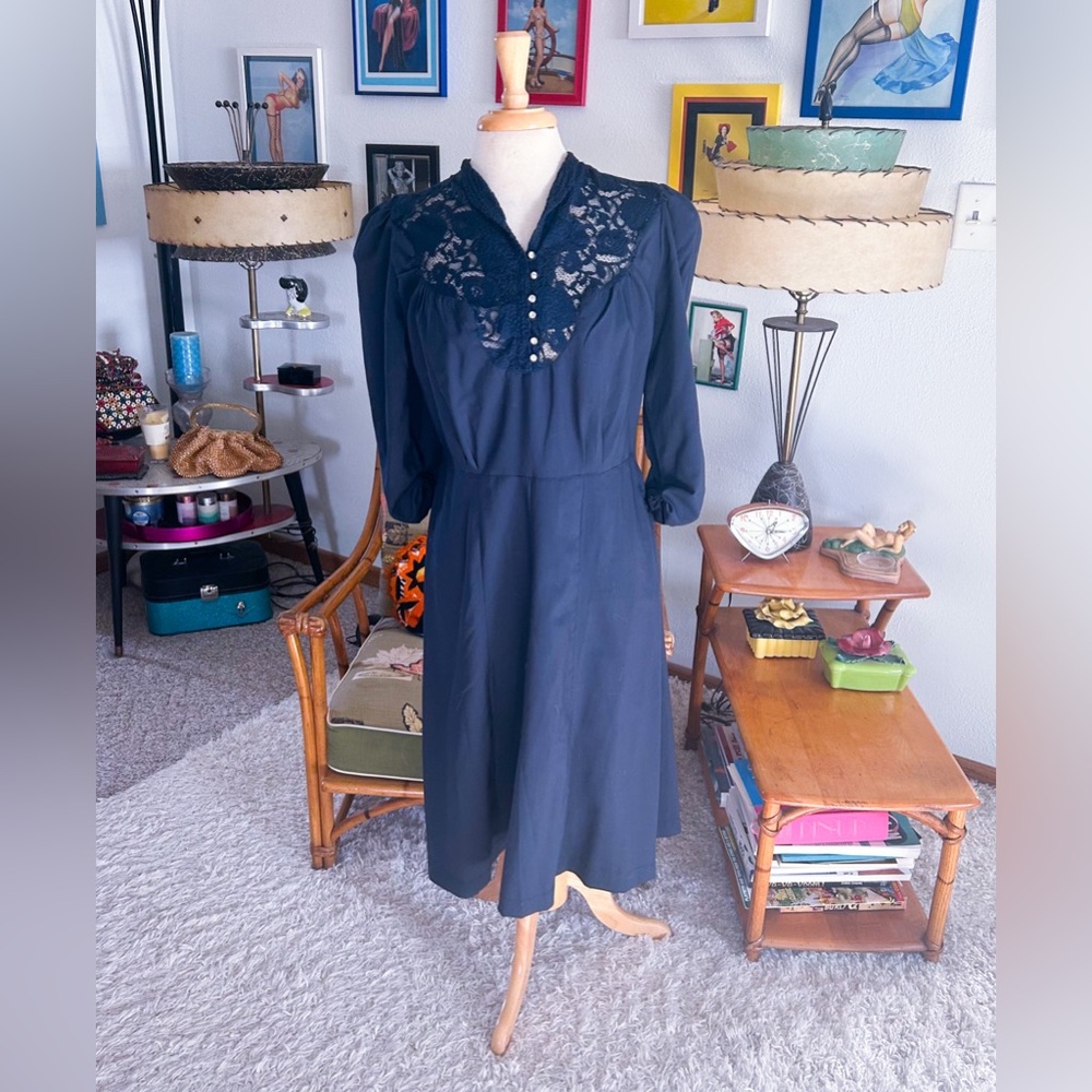 Retro Dress | 1940s Style | Navy Blue | Lace | M L | 40s